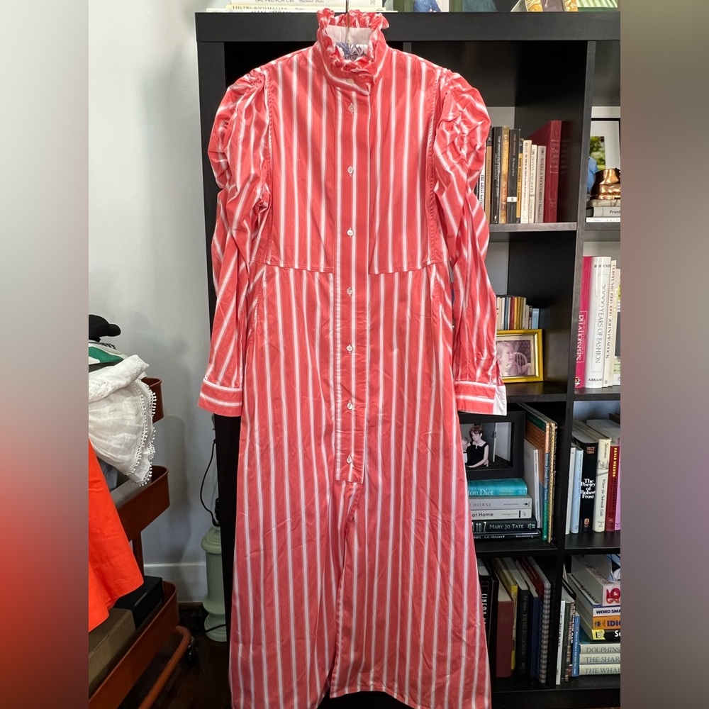 THIERRY COLSON Rare Long Sleeve VENETIA Maxi Ruffle Collar Coral Stripe Dress XL